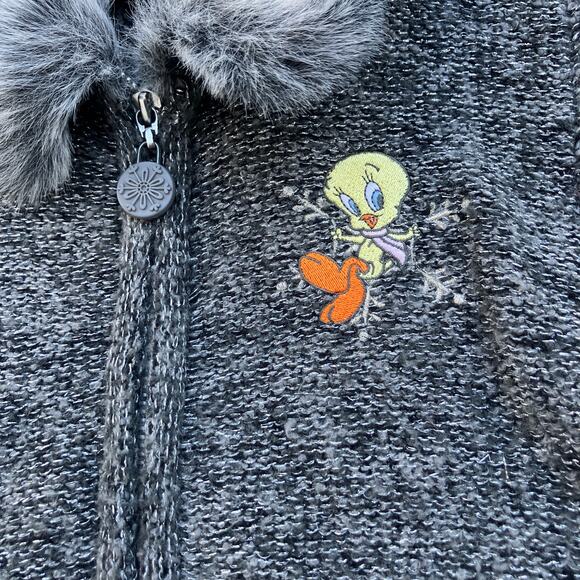 VTG Warner Bros. Sweater Girls 6/6X Full Zip Tweety Bird Gray Metallic Faux Fur - Picture 3 of 9